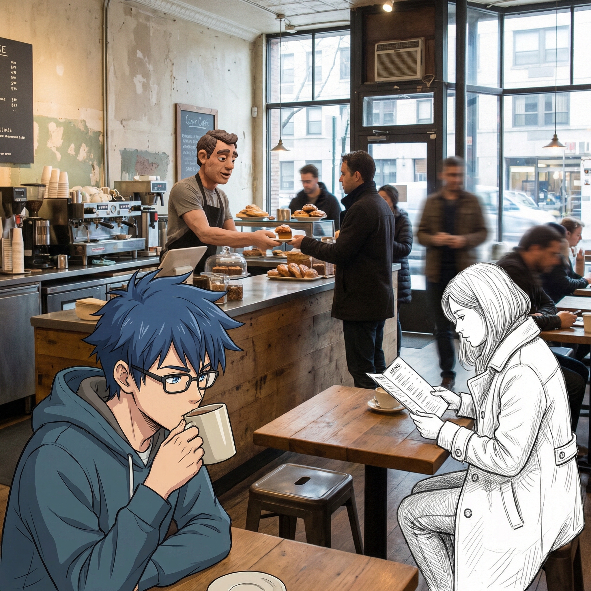 Cafe Scene with Mixed Art Styles